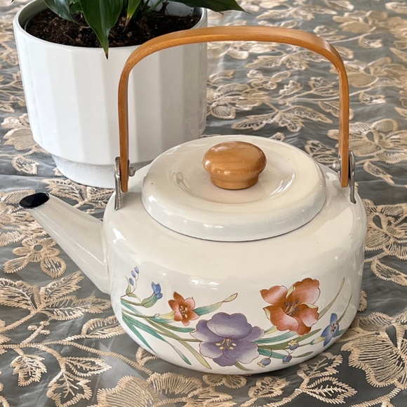Vintage White Teapot w/ Floral Print - Wood Handles and Knob, Inner Navy Enamel - Picture 1 of 5